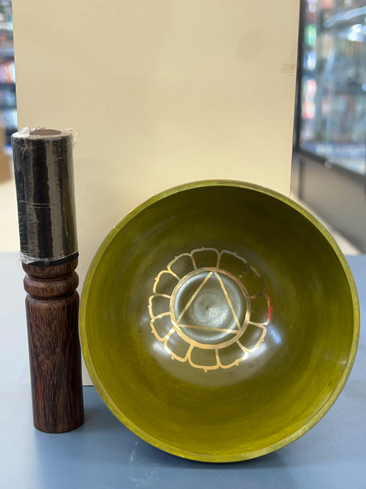 4.5 inch diameter Olive Green Chakra Singing Bowl | Meditation & Sound Healing Bowl | Handmade in Nepal | Yoga Spiritual Gift Set