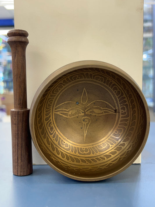4 inch diameter -Antique Bronze Buddha Eyes Singing Bowl | Meditation & Sound Healing Bowl | Handmade in Nepal | Spiritual Yoga Gift Set
