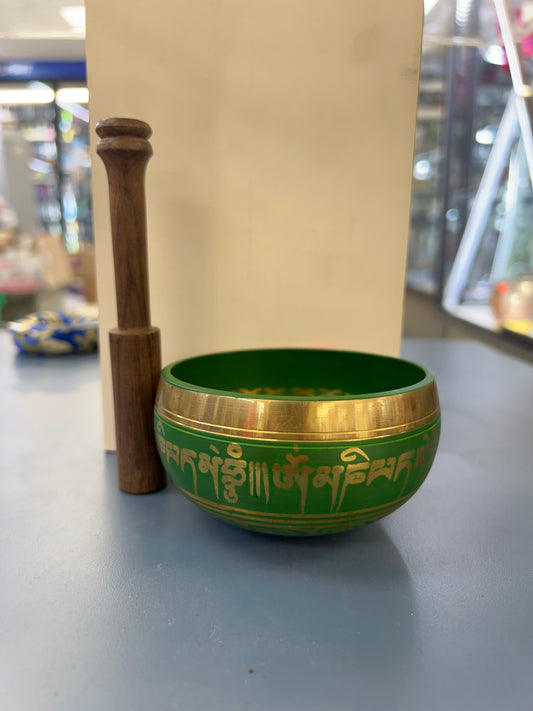 4 inch diameter Green Singing Bowl | Om Meditation & Sound Healing Bowl | Handmade in Nepal | Spiritual Yoga Gift Set