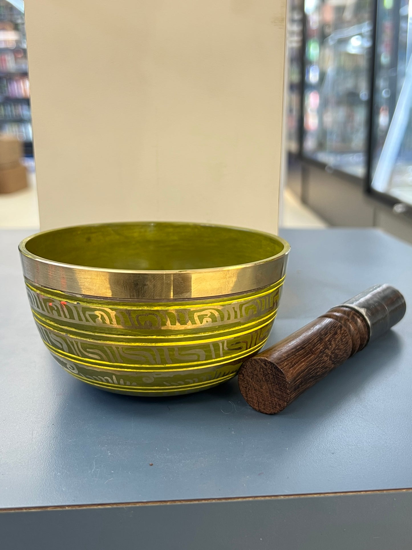 4.5 inch diameter Olive Green Chakra Singing Bowl | Meditation & Sound Healing Bowl | Handmade in Nepal | Yoga Spiritual Gift Set