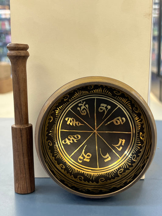 4 inch diameter -Black Tibetan Mantra Singing Bowl | Meditation & Sound Healing Bowl with Wooden Striker | Made in Nepal|