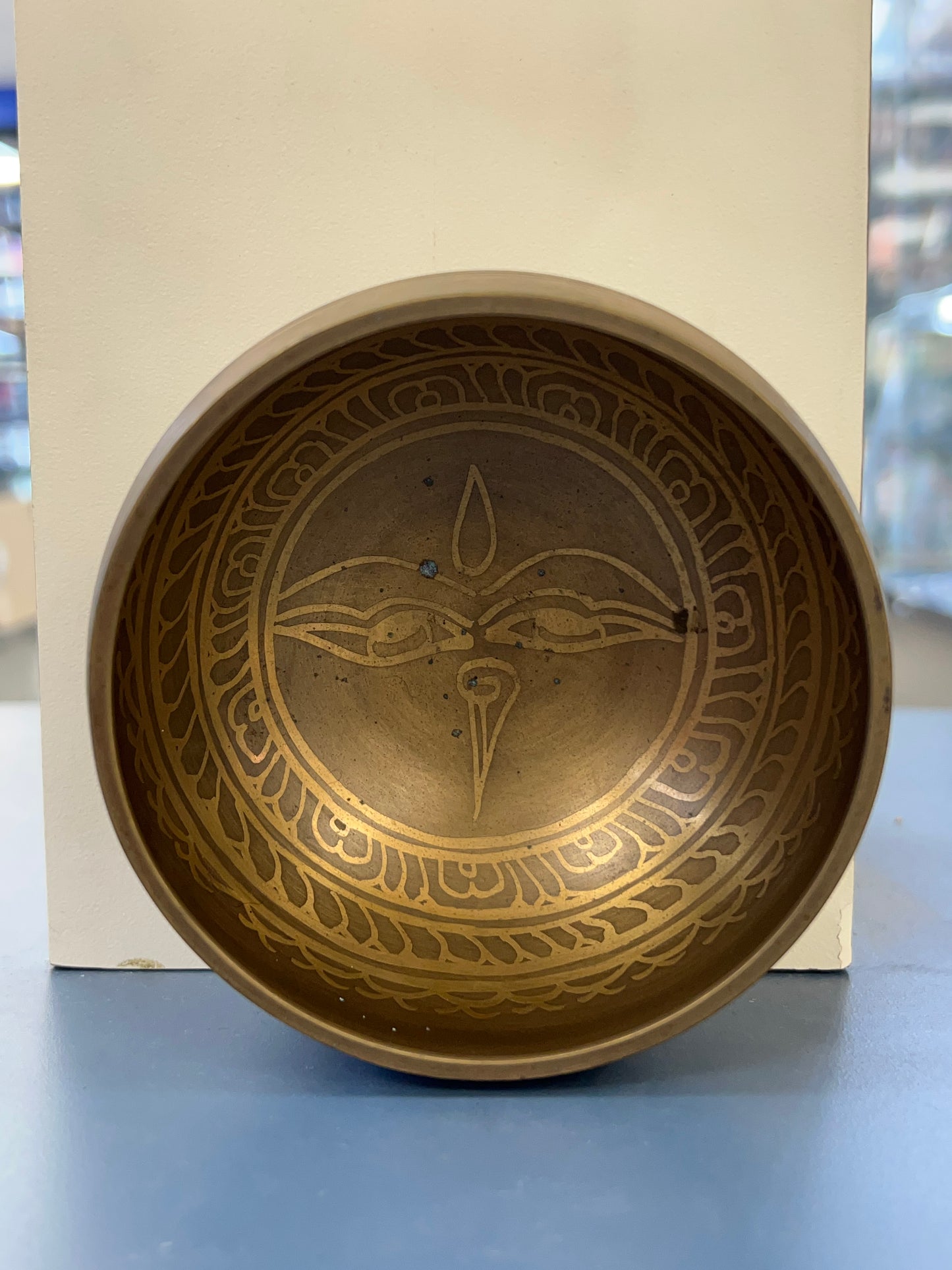 4 inch diameter -Antique Bronze Buddha Eyes Singing Bowl | Meditation & Sound Healing Bowl | Handmade in Nepal | Spiritual Yoga Gift Set