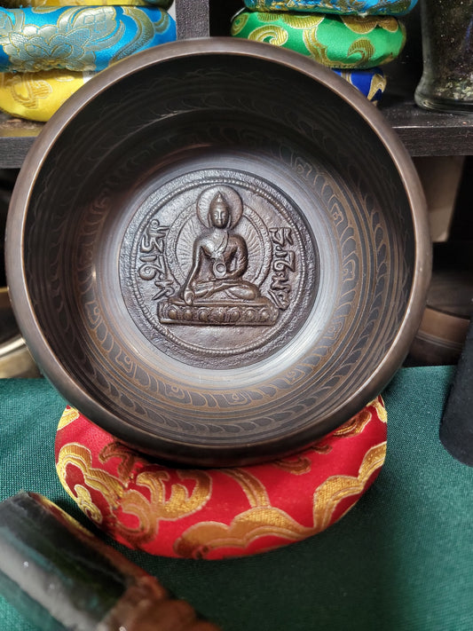 Timmur 5-inch diameter Buddha Design Dark Handmade Singing Bowl | Meditation | Sound Healing | Made in Nepal | Gift Set Bowl