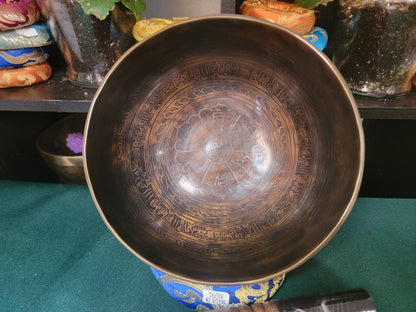 Timmur 7-inch diameter Planetary, Therapeutic, Handmade, Nerabati, Etching, Carving (Wheel of Life ?? / Ying Yang Double Bajra), Singing Bowl