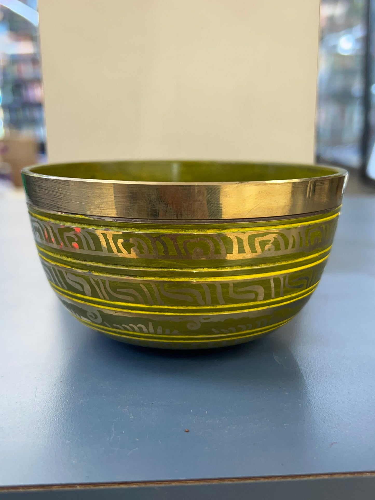 4.5 inch diameter Olive Green Chakra Singing Bowl | Meditation & Sound Healing Bowl | Handmade in Nepal | Yoga Spiritual Gift Set