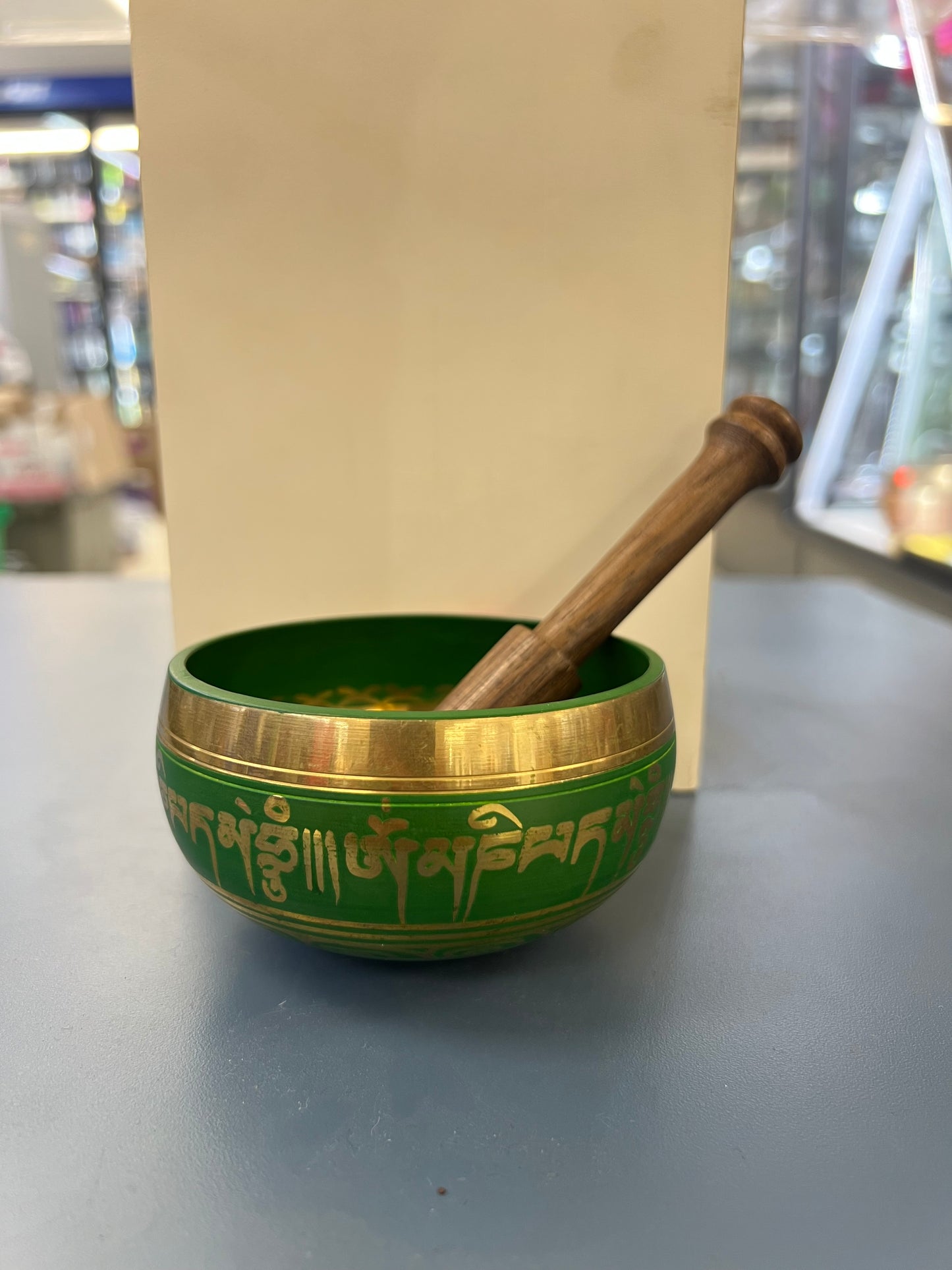 4 inch diameter Green Singing Bowl | Om Meditation & Sound Healing Bowl | Handmade in Nepal | Spiritual Yoga Gift Set