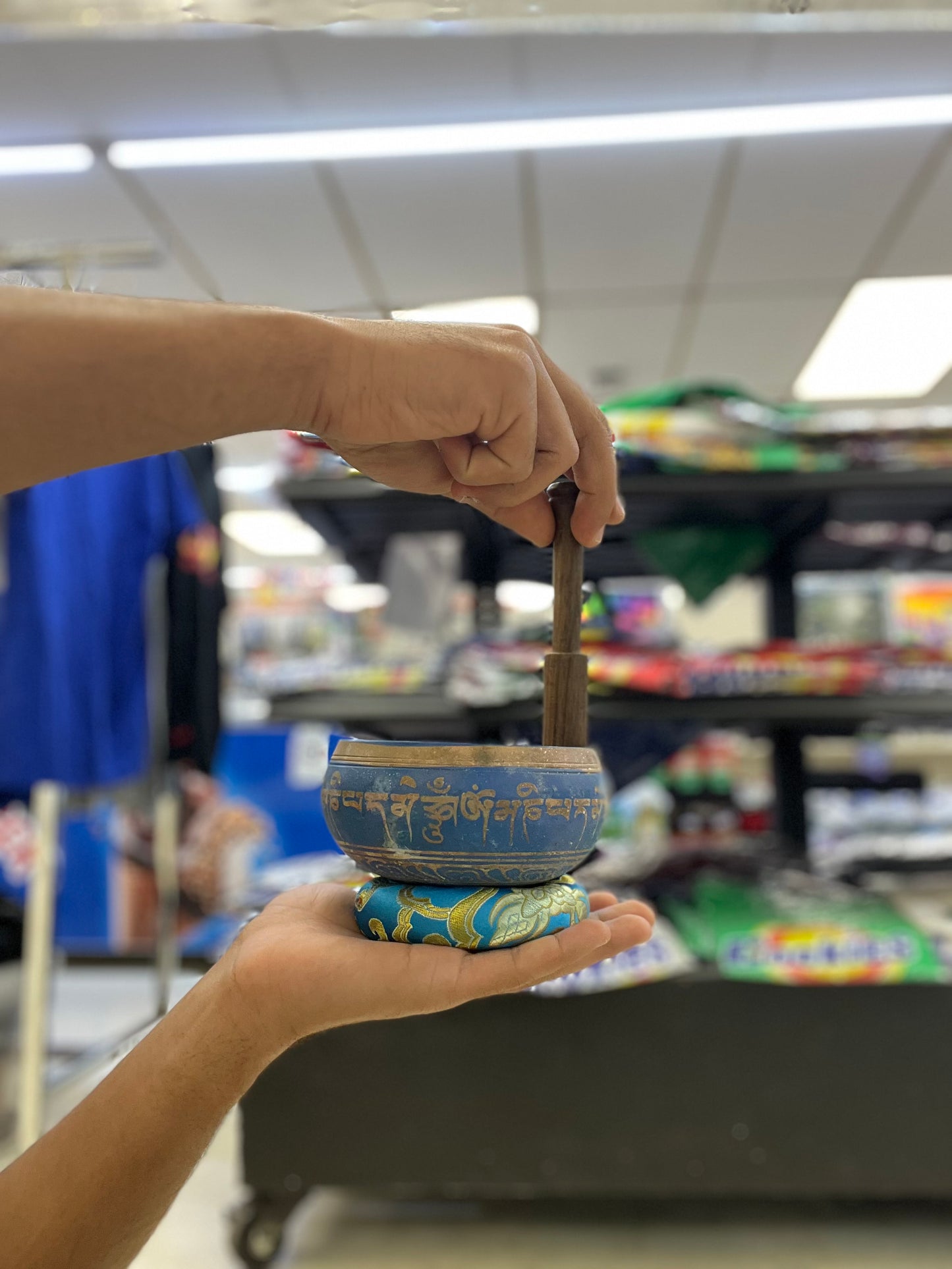 4.5 inch diameter -Blue Singing Bowl | Meditation & Sound Healing Bowl with Sacred Mantra Design | Handmade in Nepal | Yoga Spiritual Gift Set