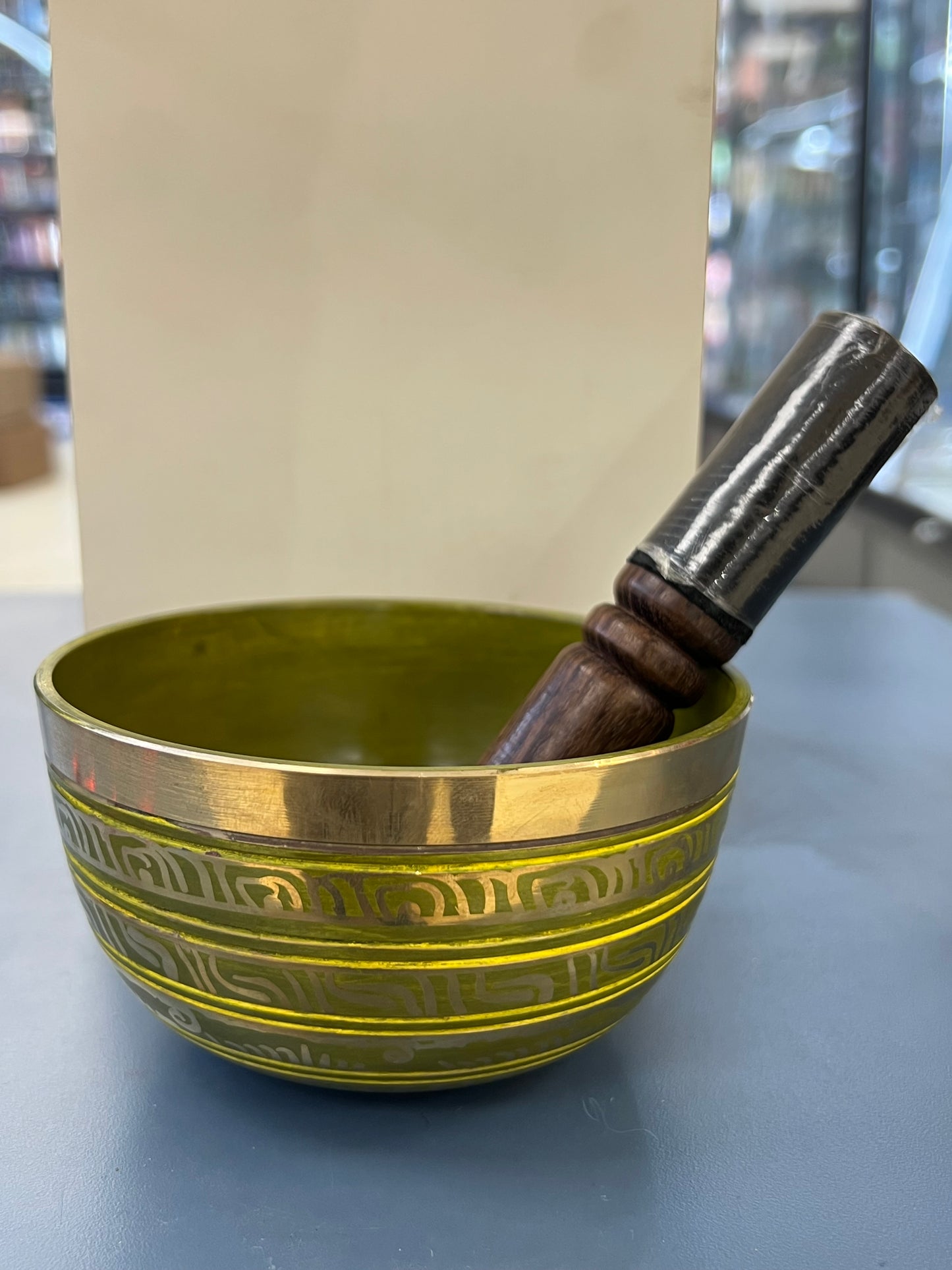 4.5 inch diameter Olive Green Chakra Singing Bowl | Meditation & Sound Healing Bowl | Handmade in Nepal | Yoga Spiritual Gift Set