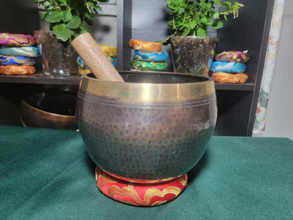 Timmur 6-inch diameter Handmade Bronze Singing Bowl Matte Black Om Mani Padme Hum | Meditation | Sound Healing | Made in Nepal | Gift Set Bowl