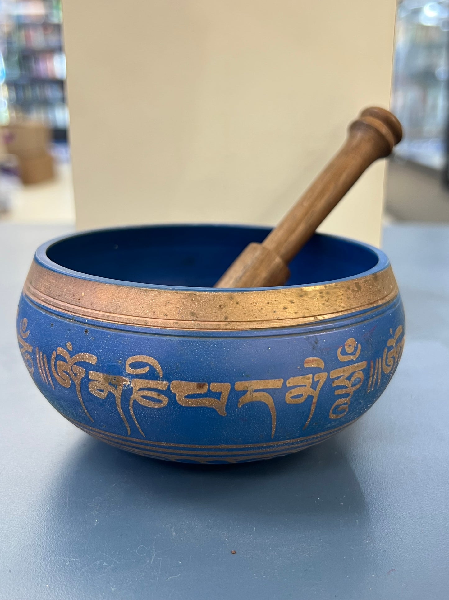 4.5 inch diameter -Blue Singing Bowl | Meditation & Sound Healing Bowl with Sacred Mantra Design | Handmade in Nepal | Yoga Spiritual Gift Set