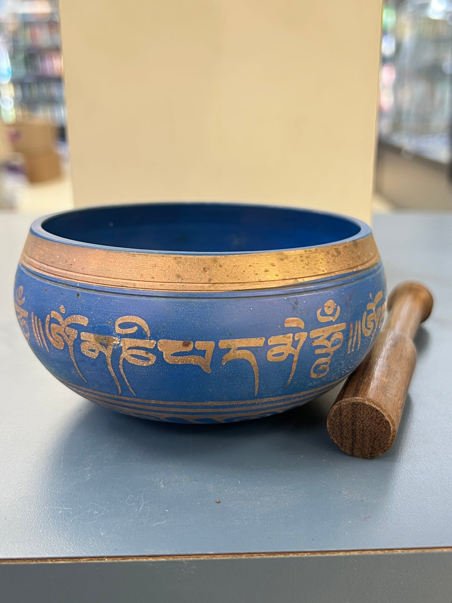 4.5 inch diameter -Blue Singing Bowl | Meditation & Sound Healing Bowl with Sacred Mantra Design | Handmade in Nepal | Yoga Spiritual Gift Set