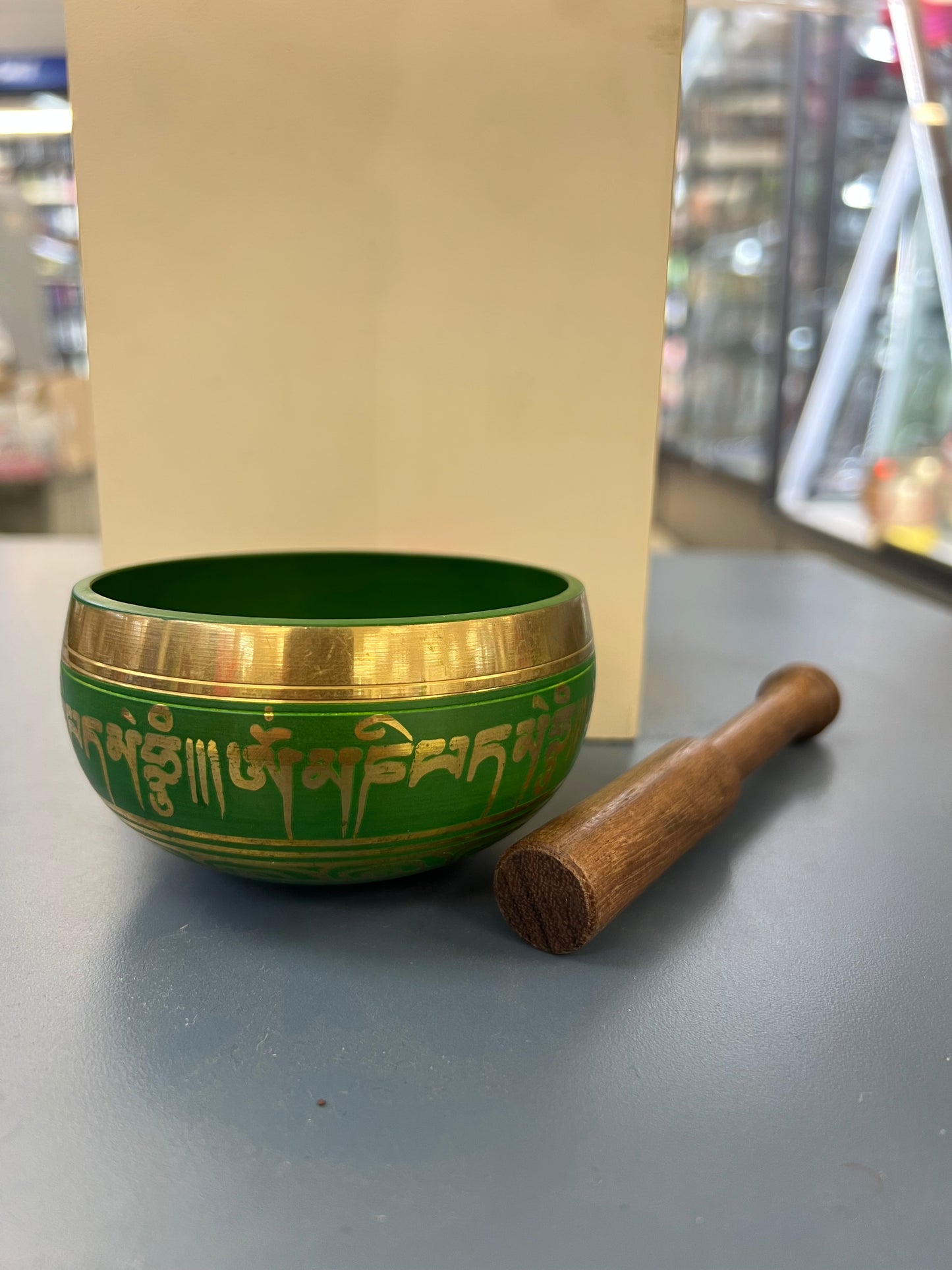 4 inch diameter Green Singing Bowl | Om Meditation & Sound Healing Bowl | Handmade in Nepal | Spiritual Yoga Gift Set