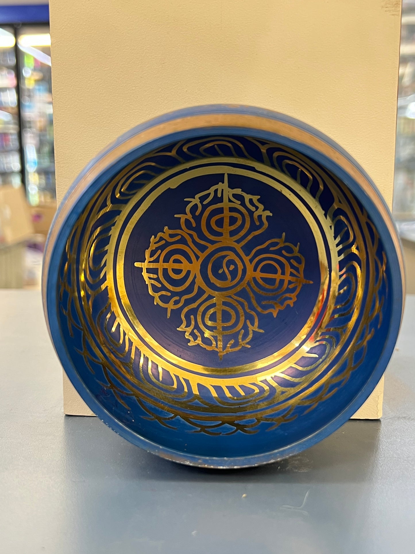 4.5 inch diameter -Blue Singing Bowl | Meditation & Sound Healing Bowl with Sacred Mantra Design | Handmade in Nepal | Yoga Spiritual Gift Set