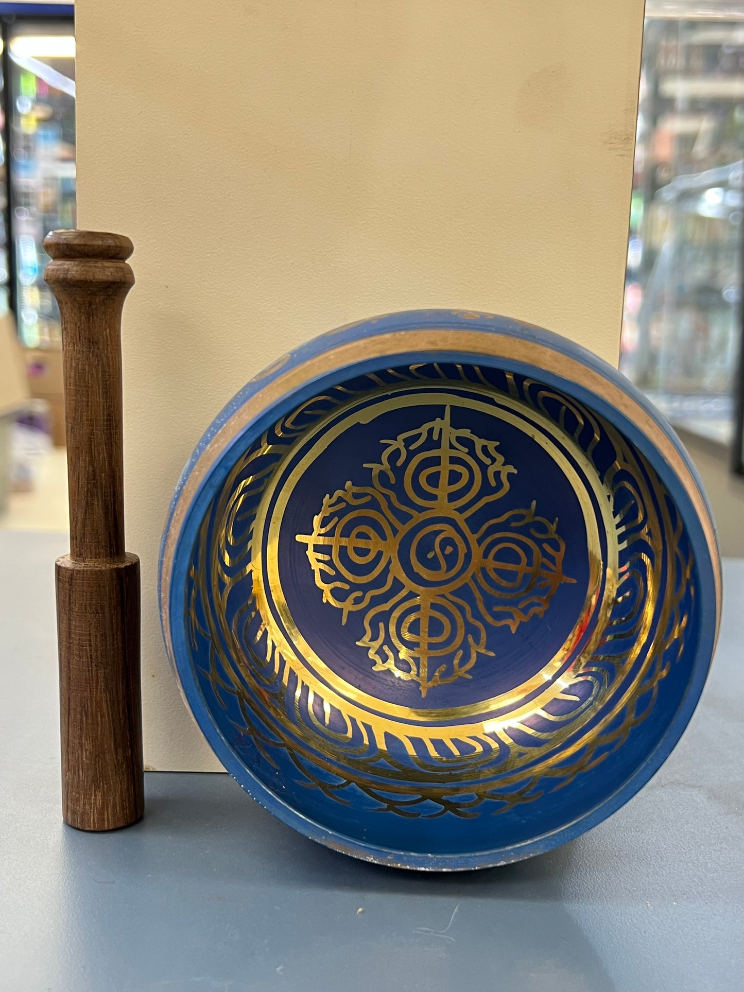 4.5 inch diameter -Blue Singing Bowl | Meditation & Sound Healing Bowl with Sacred Mantra Design | Handmade in Nepal | Yoga Spiritual Gift Set