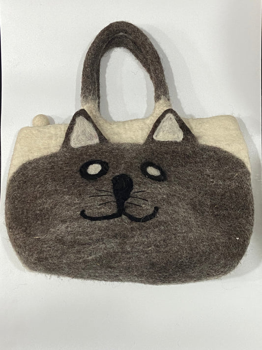 Timmur Grey Color Cat Design Felt Hand Bag
